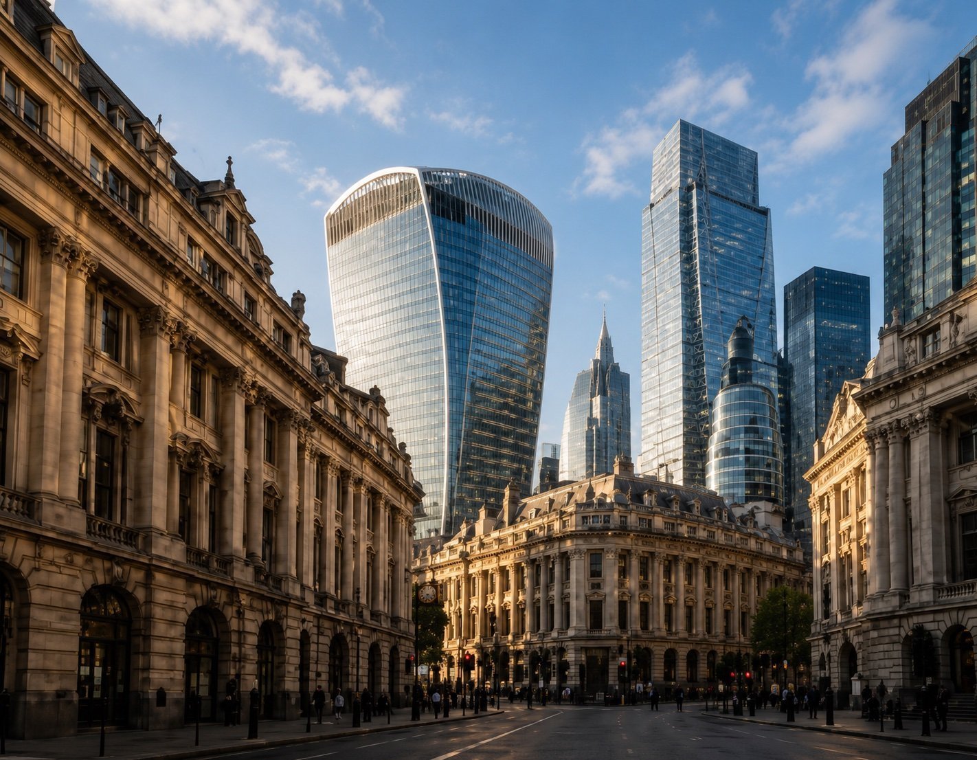 The City of London financial district at golden hour, with the Walkie Talkie tower above period stone facades.